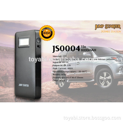 6000mAh Car Jump Starter Power Bank with 400A Peak Current Smart Clamp, Wall Charger and Built in LED Flashlight